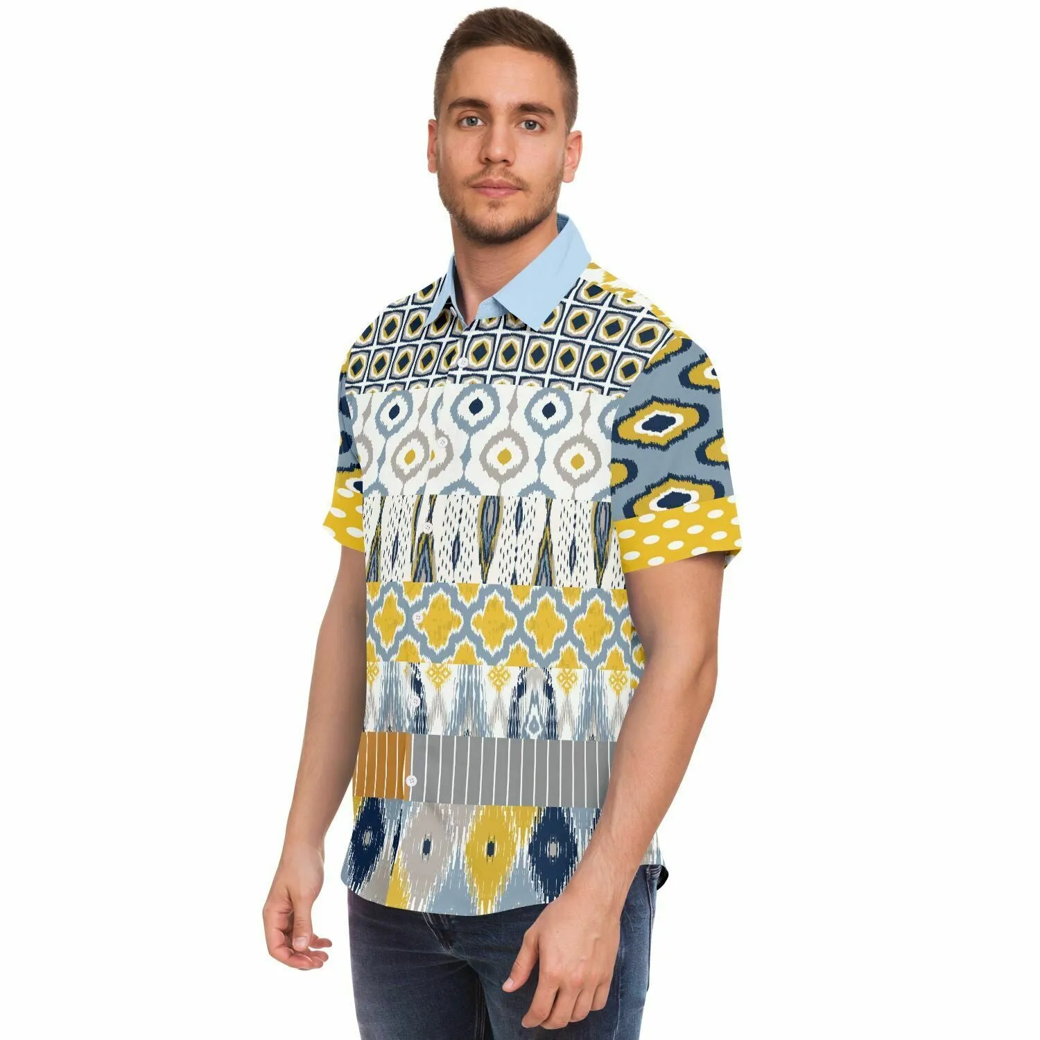 Tallulah Bankhead Yellow Ikat Patchwork Short Sleeve Button Down Shirt