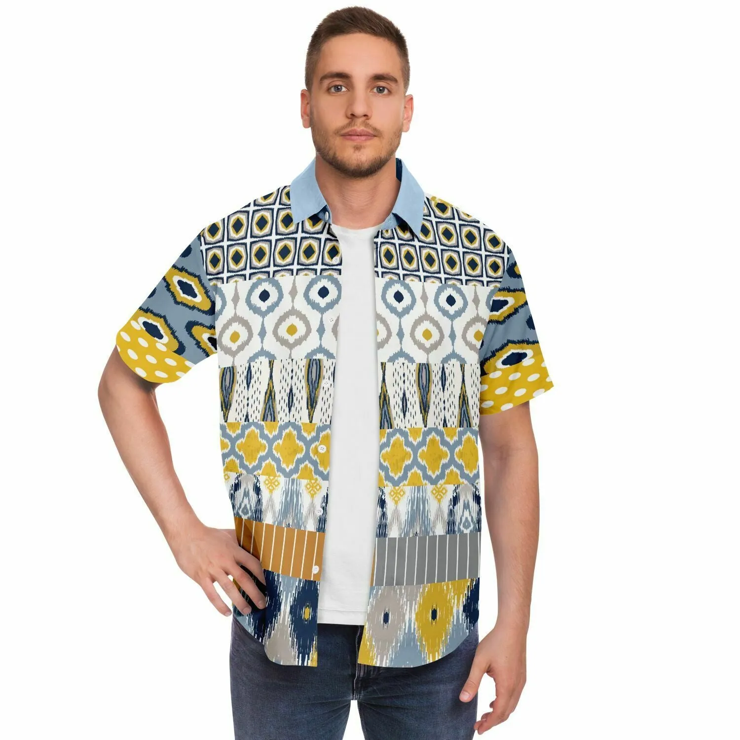 Tallulah Bankhead Yellow Ikat Patchwork Short Sleeve Button Down Shirt