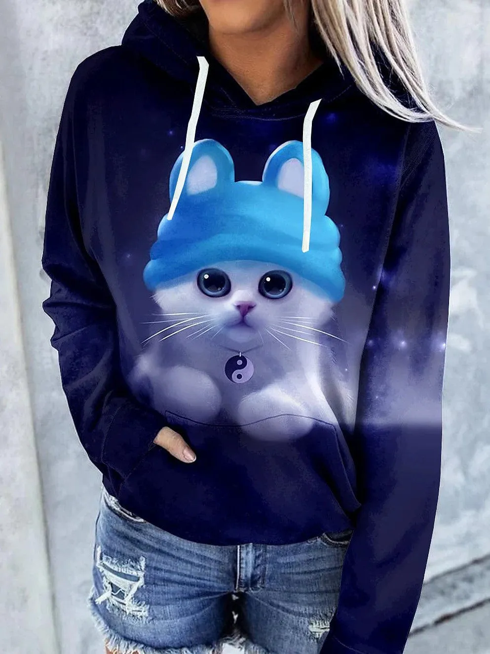 Trendy Tie Dye Cat Graphic Hoodie with Front Pocket for Women