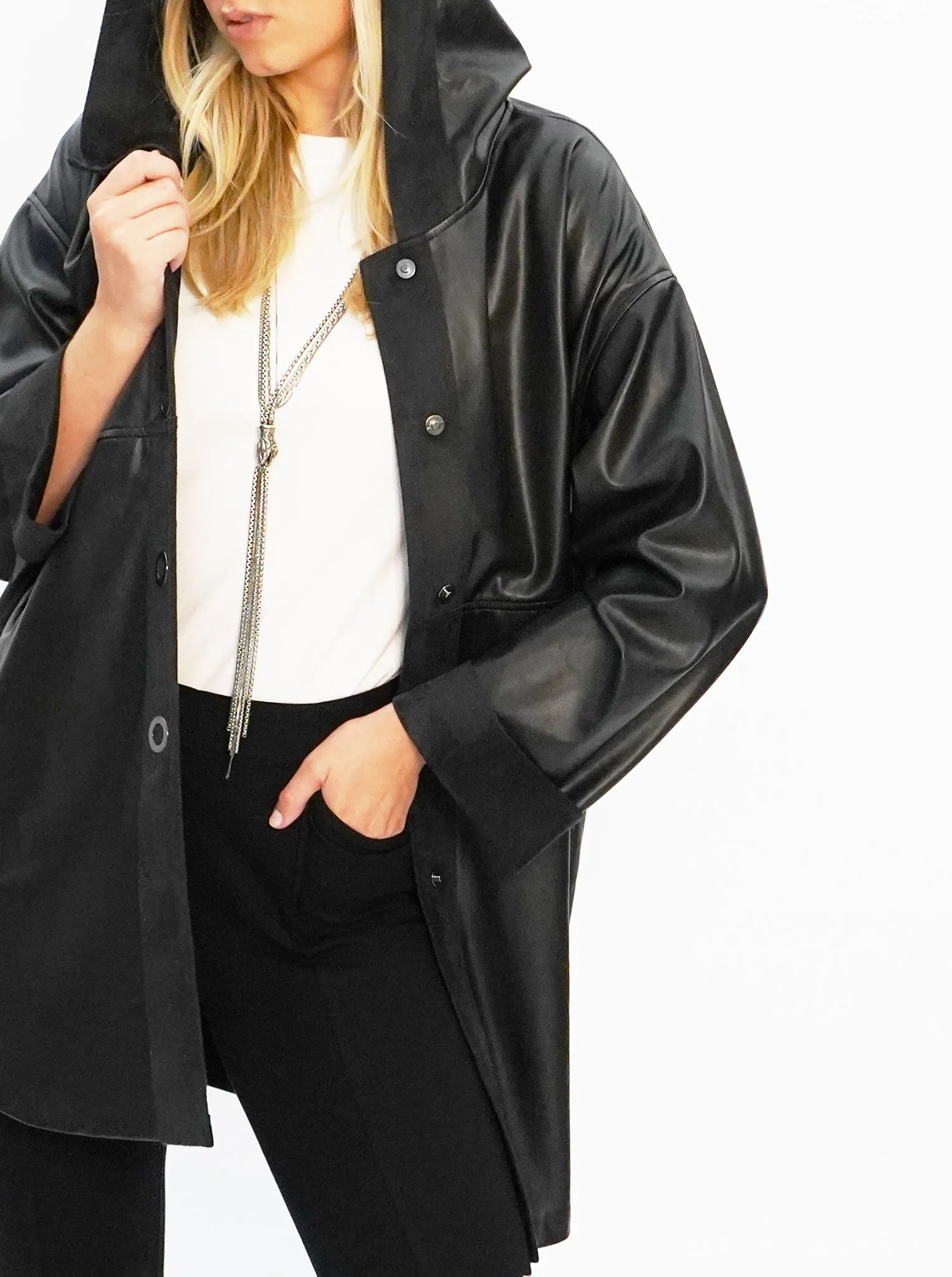 Vegan Leather Snap Front Hooded Jacket - The Dominic