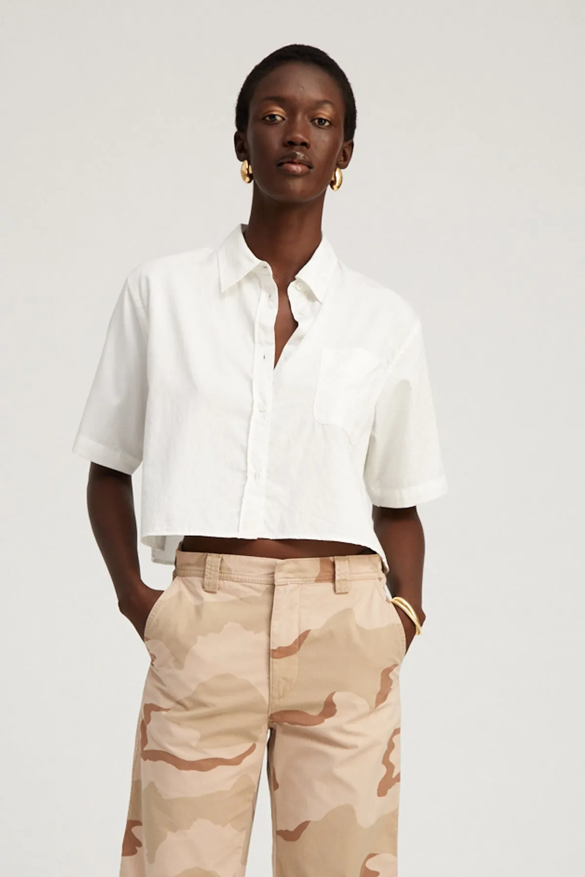 White Short Sleeve Cropped Button Down