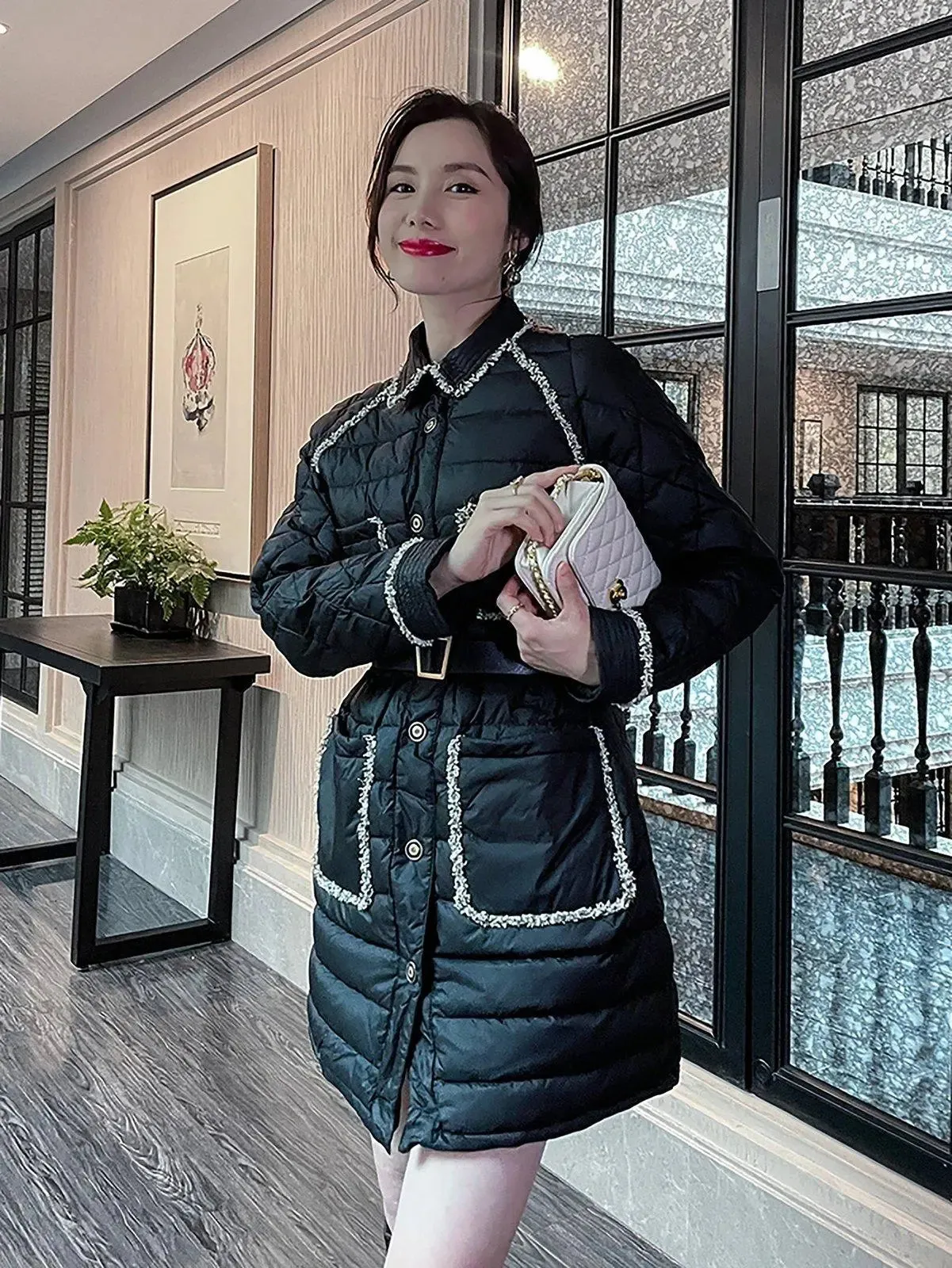 Women Black Tweed Quilted Down Puffer Padded Coat,Warm Winter Coat,White down Coat,Warm Puffy Coat,Quilted Down Jacket,Puffer Coat,Outerwear