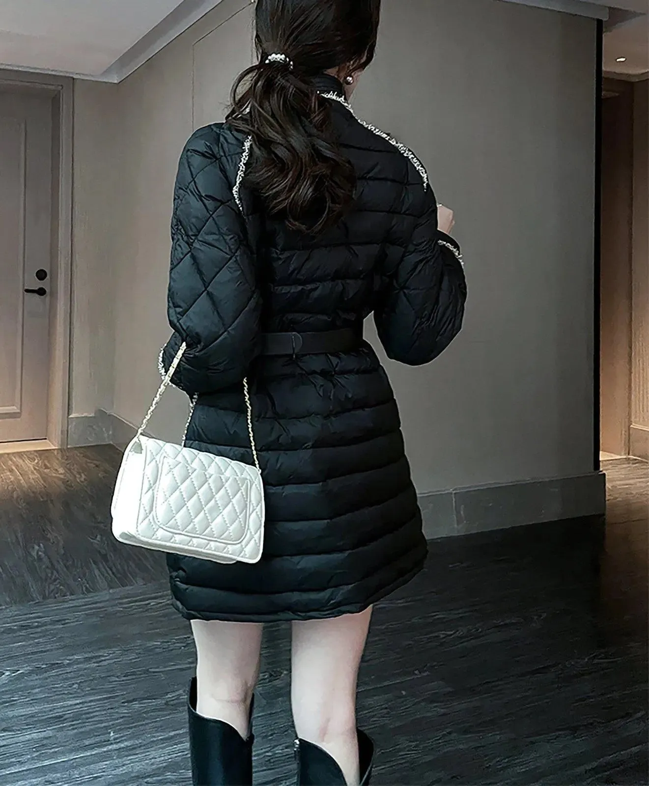 Women Black Tweed Quilted Down Puffer Padded Coat,Warm Winter Coat,White down Coat,Warm Puffy Coat,Quilted Down Jacket,Puffer Coat,Outerwear