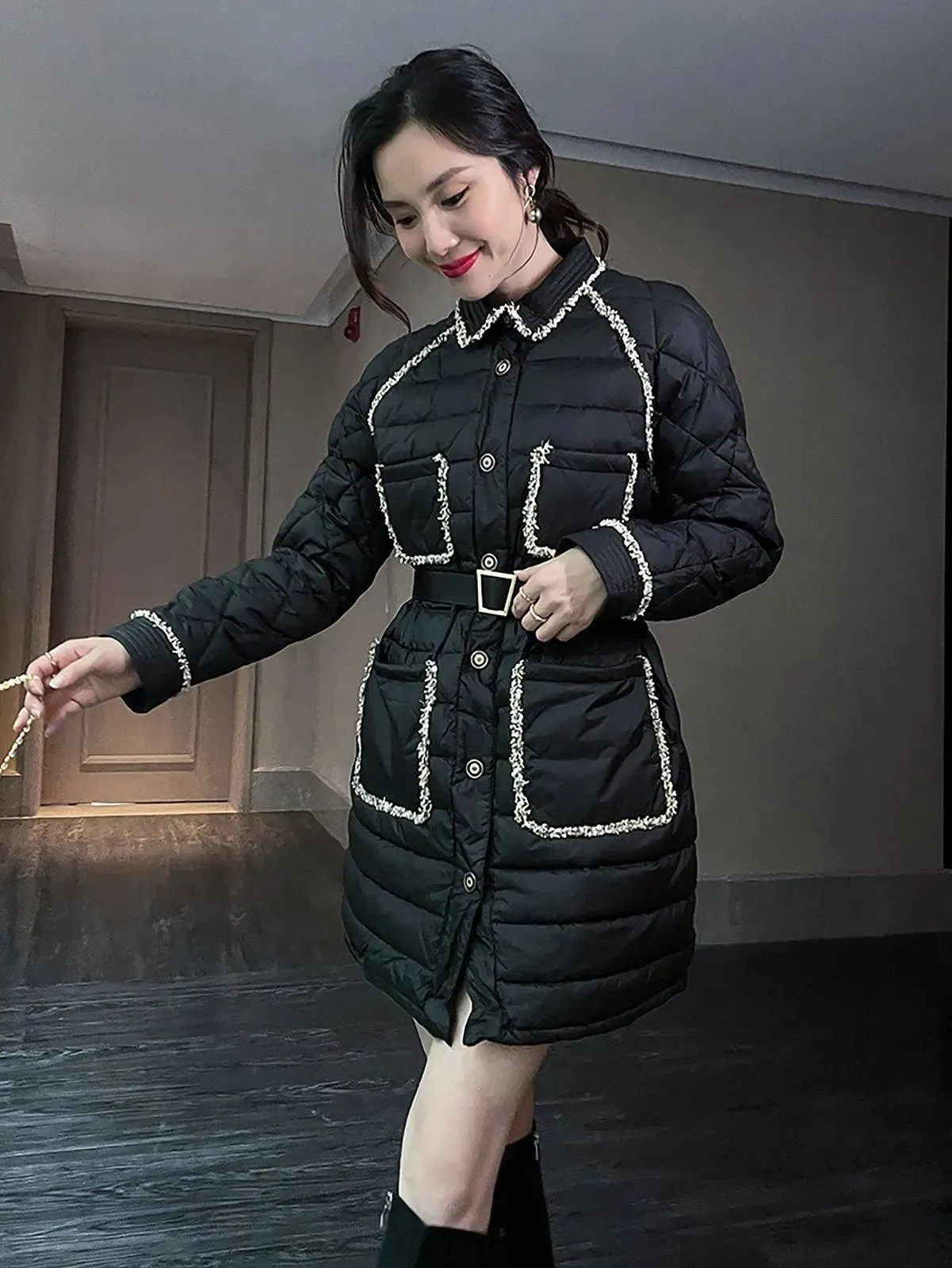 Women Black Tweed Quilted Down Puffer Padded Coat,Warm Winter Coat,White down Coat,Warm Puffy Coat,Quilted Down Jacket,Puffer Coat,Outerwear