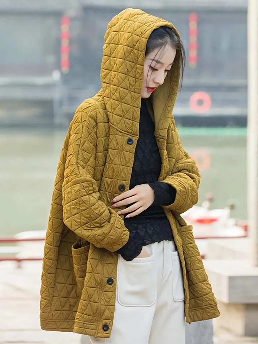 Women Button Pocket Hooded Coat