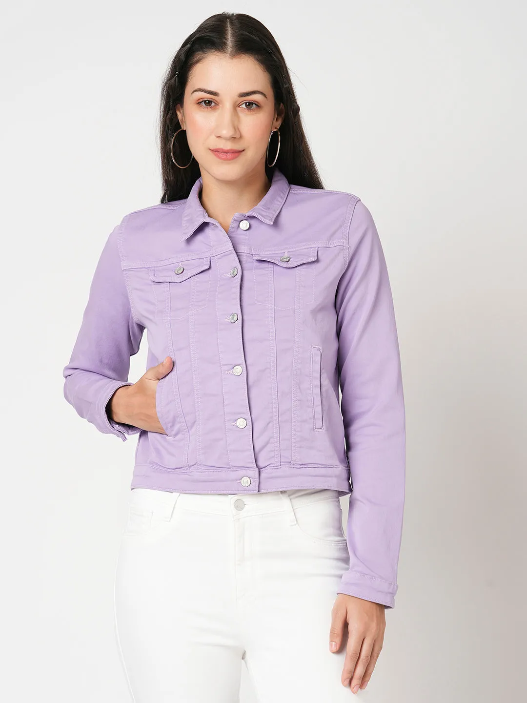 Women Lilac Solid Long Sleeves Jacket